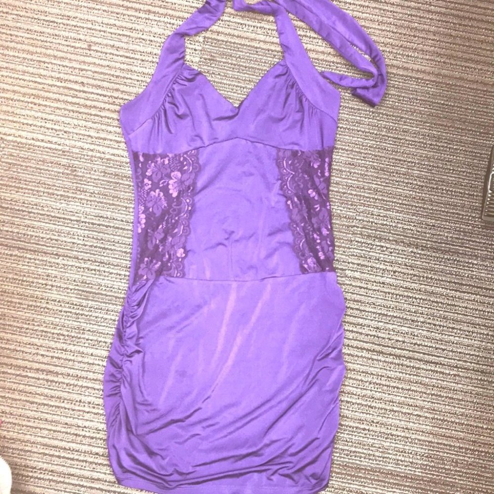 Sexy purple halter dress lace halter sexy club wear mini stretchy y2k cute